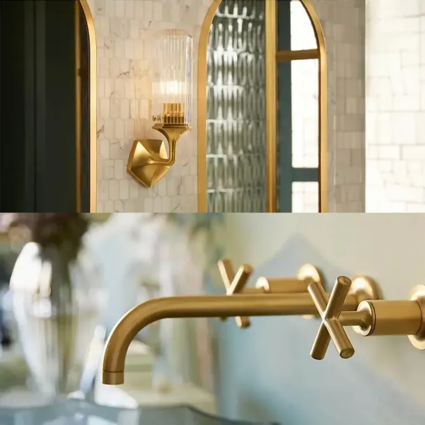 Collage - gold colored light fixtures on the wall and gold faucet in the bathroom